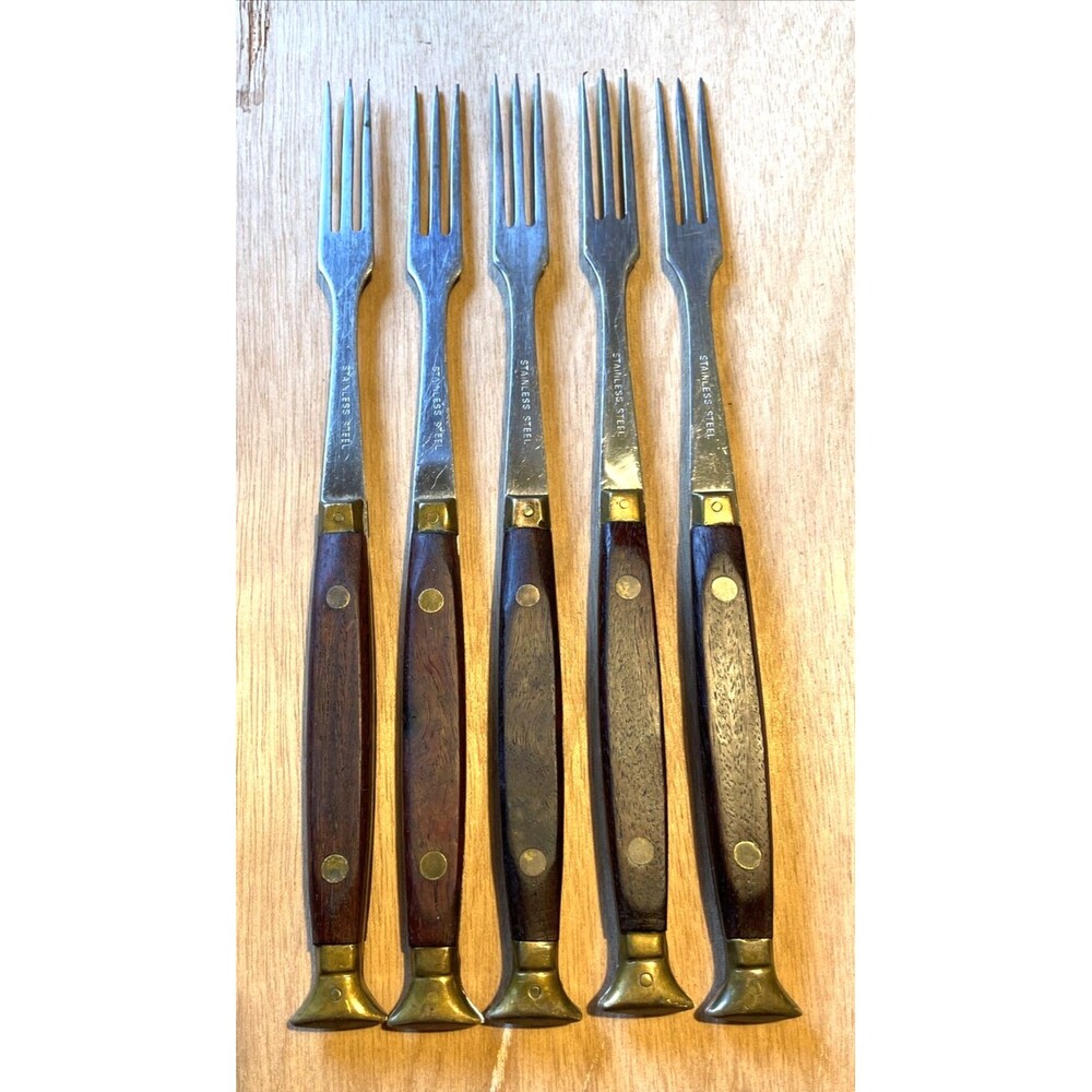 Mid Century Fondue Forks Teak Stainless Steel 3 Prong Brass Accent 5 pcs Japan